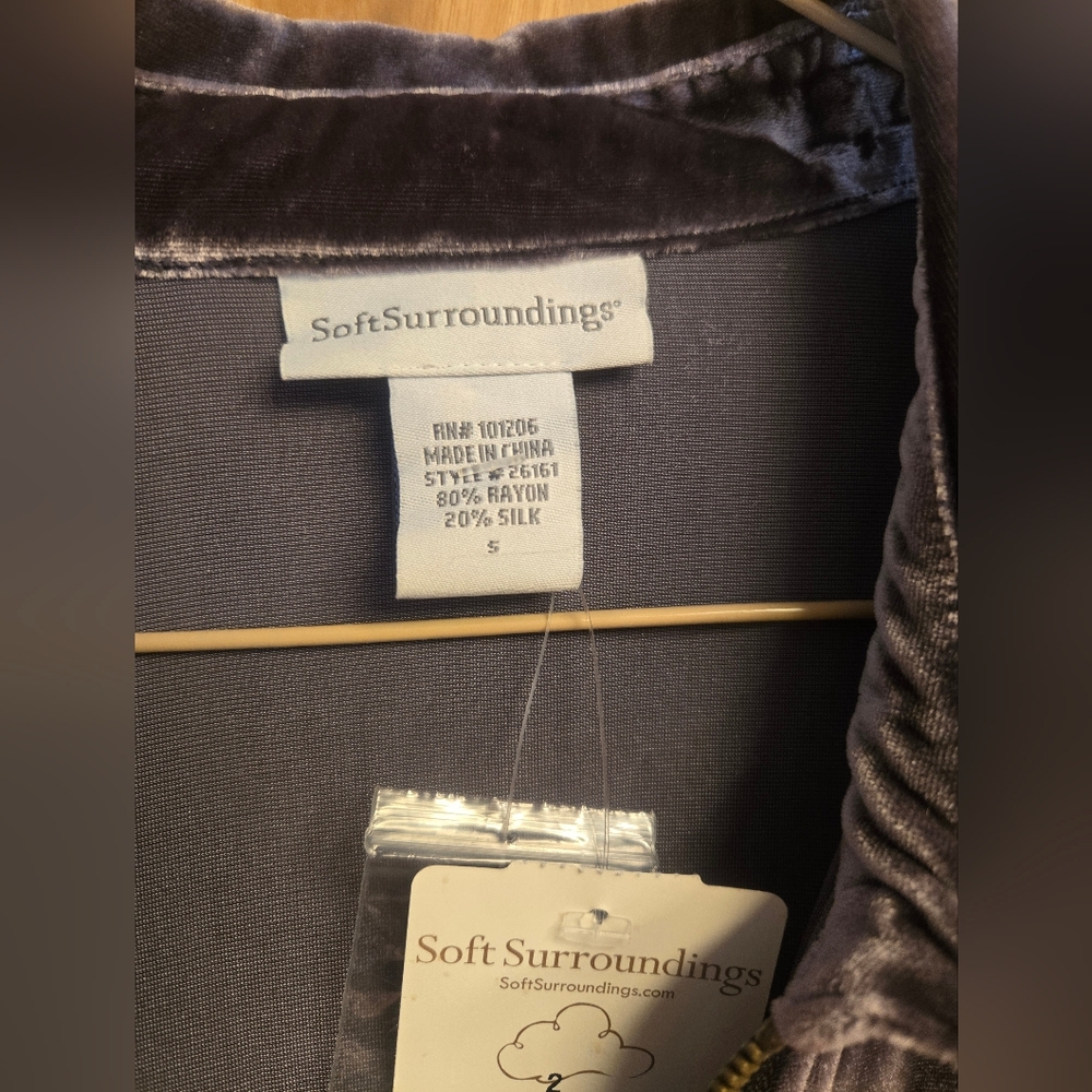 Soft Surroundings Vintage Crushed Velvet Silk Blend Full Zip Blouse Gray S Small - Picture 3 of 12